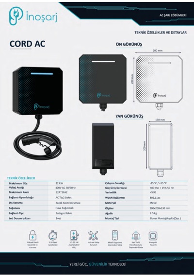 İnoşarj Cord Ac 22 Kw Wi-fi Entegre Kablolu Type 2 Elektrikli Araç Şarj İstasyonu