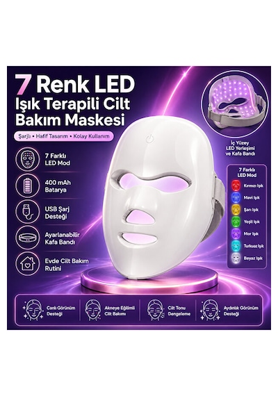 Işıklı Cilt Bakım Maskesi 7 Renk Led Işık Terapisi Yüz Maskesi 400mah Şarjlı Kırışıklık