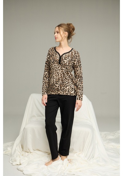 Siyah İnci Örme Pamuklu Pijama Takım25240238 Leopar