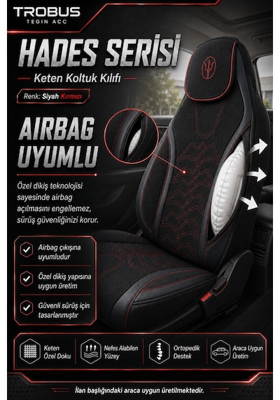 Tesla Model 3 2017 Ve Sonrası Uyumlu Hades Serisi Keten Koltuk Kılıfı Siyah Kırmızı 37683667