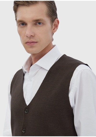 Ramsey Kahverengi Regular Fit V Yaka Casual Örme Triko Yelek