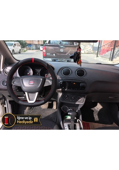 Seat Ibiza 6j Dikme Direksiyon Kılıfı Alcantara Süet Mat Karbon Kırmızı Yüzük Ve Dikiş 2008-2015 Siyah