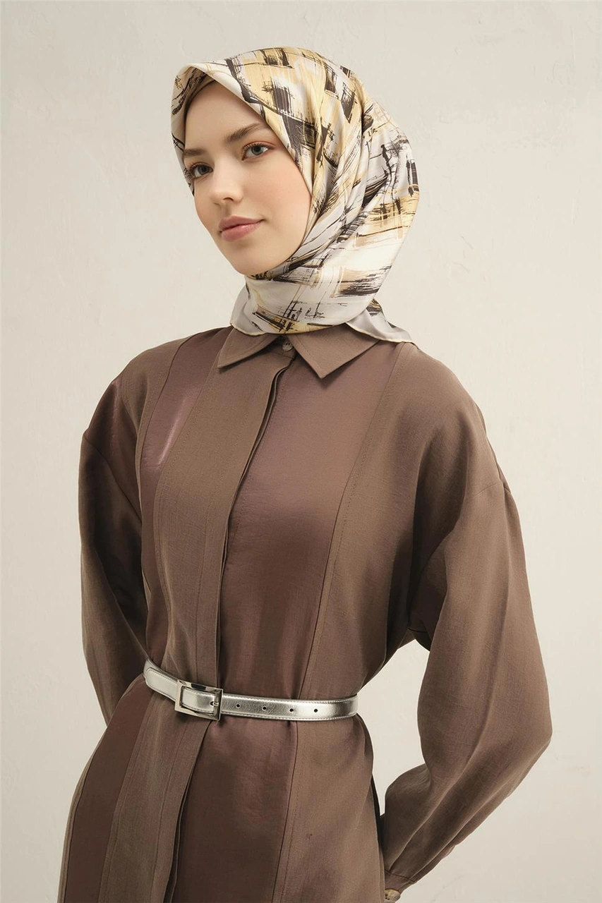 Armine Soyut Desenli Saf İpek Twill Eşarp 9350d 31 BEj