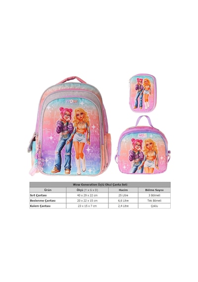 Üçlü İlkokul Okul Çanta Seti - Pembe - Mor - Star Desenli - Kız Çocuk - Setwg-w6033a Çok Renkli