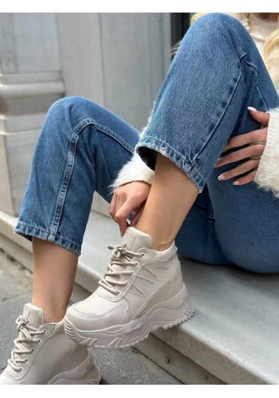 Erva'nın Butiği Bej Cilt Celly Gizli Topuk Dolgu Topuk 7 Cm Boy Uzatan Sneakers-6475