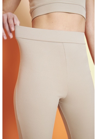Thıff Gymwear Haki Yüksek Bel Fitilli Toparlayıcı Interlok Örme Spor Dar Paça Kadın Tayt Bej