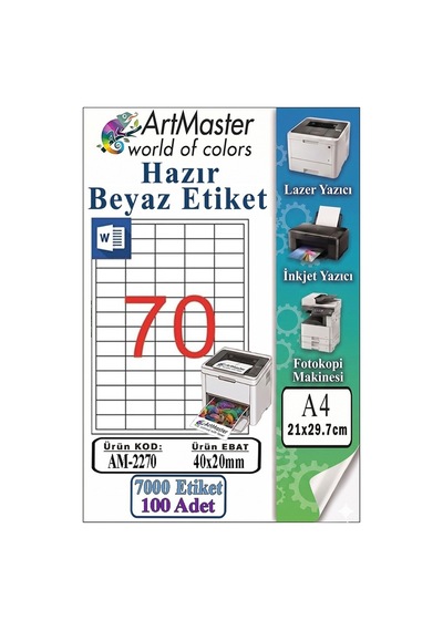 A4 Hazır Beyaz Etiket 40x20 Mm 100 Sayfa 1 Paket 70 Li Kendinden Yapışkanlı Fotokopi Lazer İnkjet Kağıdı Yazıcılar İçin