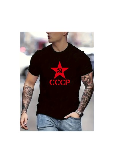 Caddemia Yaz  Moda Rahat Spor Gevşek Cccp Mektup Pentagram Baskılı Yuvarlak Boyu Siyah 2XL
