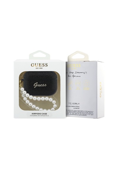 Apple Airpods Pro 3 Uyumlu Kılıf Guess Lisanslı Glitter Yazı Logolu İnci Tasarım Bilek Askılı Siyah