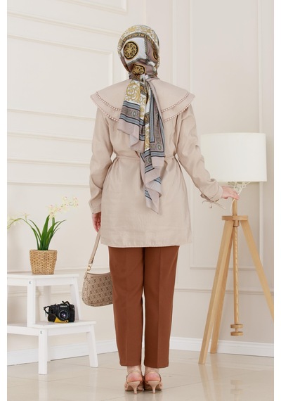 Sevitli Çift Yaka Dantelli Tunik-vizon-4980 Vizon