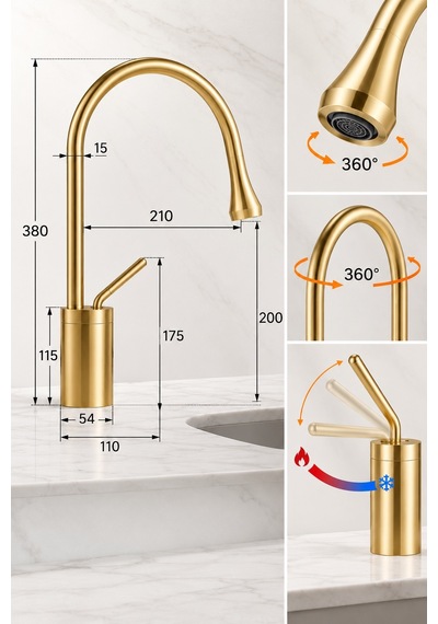 Alfas Mat Gold Banyo Lavabo Bataryası 360 Döner Pirinç Banyo Tezgah Üstü 360 Döner Batarya
