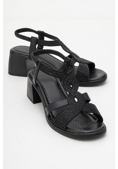 Luvishoes Luvi Shoes Dolen Siyah Taşlı Hakiki Deri Kadın Kalın Topuklu Sandalet Siyah