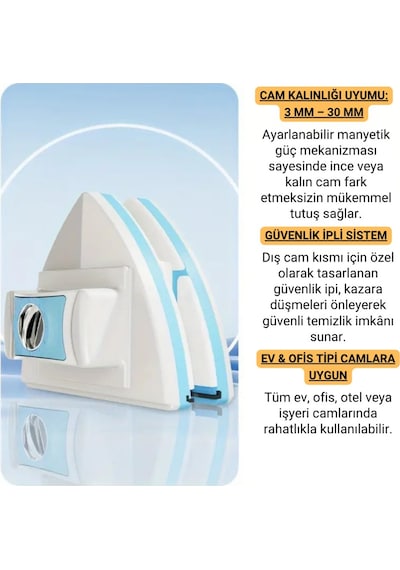 Polham 3-30 Mm Çift Cam Uyumlu Ev Ve Ofis Manyetik Cam Temizleyici, Çift Taraflı, Güvenli İpli Süper Etkili Cam Temizleyici Beyaz