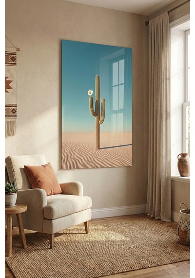 Kırılmaz Cam Tablo 5mm Kalın - Ev İşyeri Duvar Dekorasyonu Saguaro Kaktüs Dikey - Çöl Bitki Yeşil Botanik Salon Mutfak Temperli Uv Baskılı Hediyelik