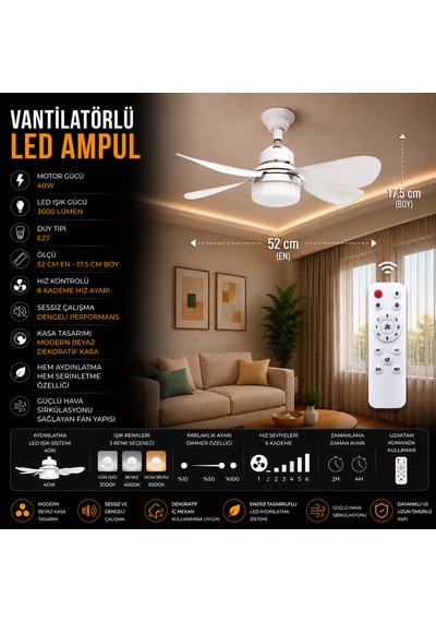 K2 40w E27 Vantilatörlü Led Ampul 3 Renk 100-220v