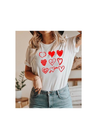 Herkesemoda Kalpler Baskı Detaylı Basic T-shirt Beyaz