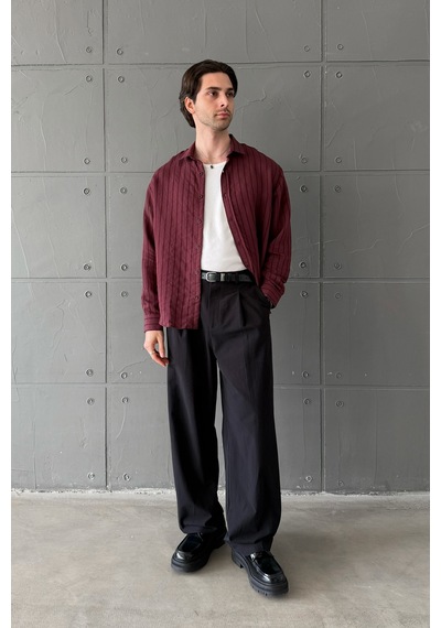 Erkek Oversize Çizgili Modal Gömlek Bordo