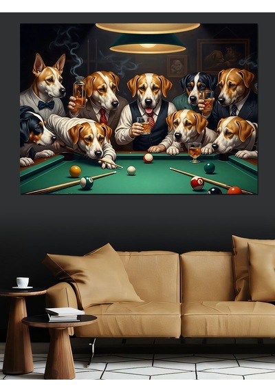 Ahşap Tablo Bilardo Oynayan Sevimli Köpekler Grubu