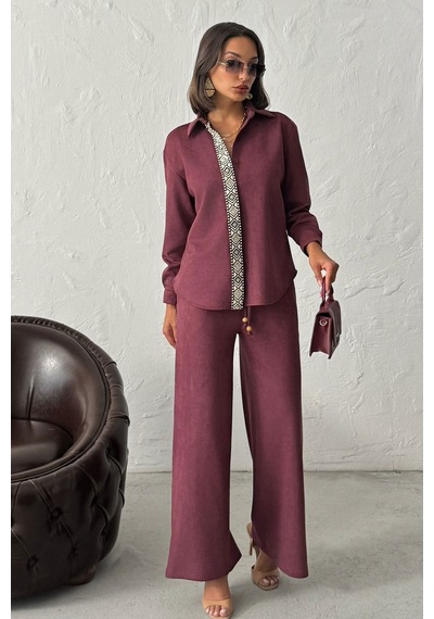 Verymoda Şerit Detaylı Scuba Süet Pantolon F1972 Bordo