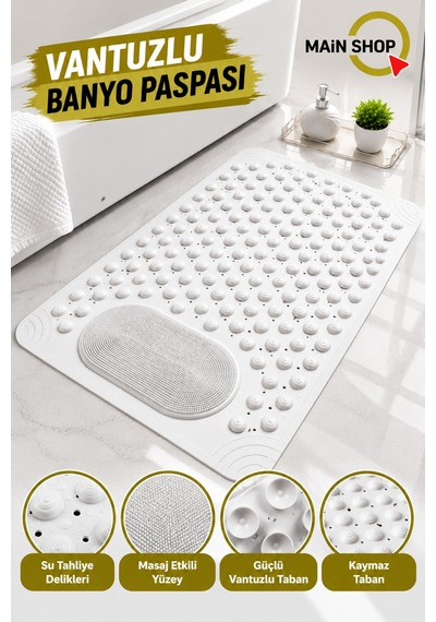 Vantuzlu Banyo Ve Duşakabin Kaydırmaz Paspas, Küvet İçi Masaj Matı 36x69.5 Cm M-162 Beyaz
