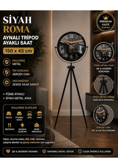 Siyah Roma Aynalı Tripod 150 X 45 Cm Ayaklı Saat