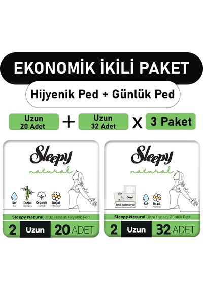 Sleepy Natural Ultra Ped Uzun 20'li + Uzun Günlük Ped 3 x 32'li