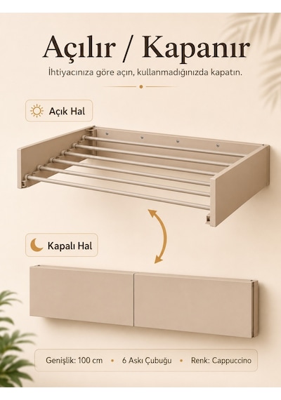 Çamaşır Kurutma Askılığı Katlanır Duvara Monte Balkon Banyo Askılık Duvar Tipi Yer Tasarruflu Kurutmalık 100 Cm Belize Cappucino