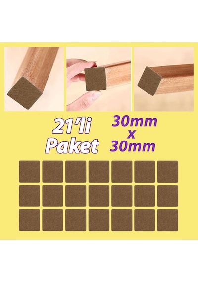 Yapışkanlı Kare Keçe Masa Sandalye Parke Zemin Ayak Koruyucu Kaydırmaz Keçesi 30x30 Mm 21'li Paket
