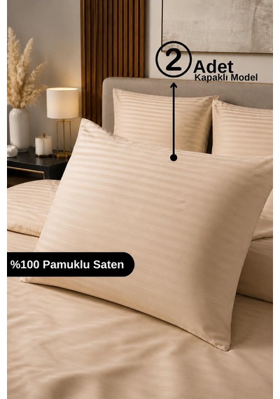 %100 Pamuk Saten Çizgili Kapaklı Yastık Kılıfı 2'li Lüx Otel Kalitesi 50x70 Bej