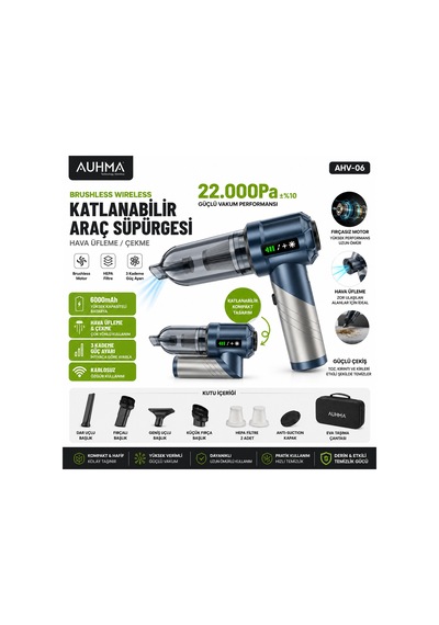Auhma Ahv-06 22.000pa 6000mah Kablosuz Araç Süpürgesi Brushless Motor Katlanabilir Üfleme Çekme 3 Kademeli Gri-mavi