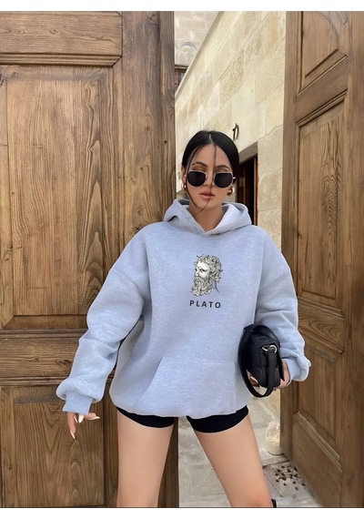 Startmore Plato Baskılı Kapişonlu Sweatshırt Gri