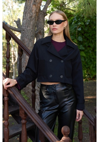 Fullamoda Kruvaze Yaka Çift Cepli Crop Trençkot Siyah