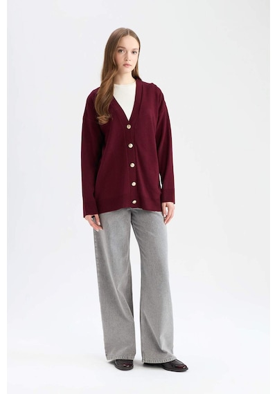 Defacto Relax Fit V Yaka Hırka E6134ax25aubr459 Bordo