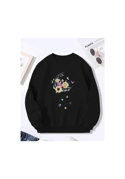 Herkesemoda Baskılı Bisiklet Yaka İçi Polarlı Sweatshirt Siyah