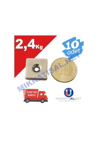 15X15X3Mm (6X3Mm) Havşalı Kare Güçlü Neodyum Mıknatıs 10 Adet