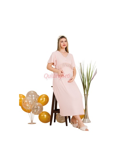 Lady Pembe Renkli, Dantel Detaylı, Derin Patlı, 33500 Sabahlıklı 2li Lohusa Hamile Gecelik Takımı Açık Pembe
