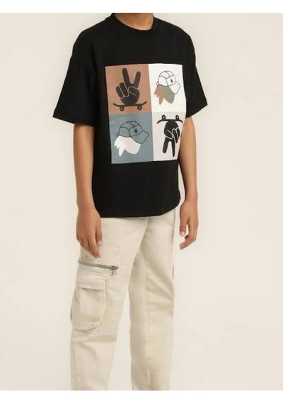 Escabel Erkek Çocuk Şapka Desenli Tasarım Pamuklu T-shirt-15627 SIYAH