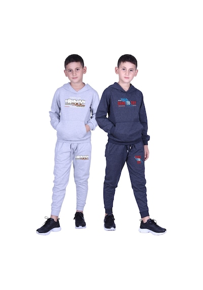 Fyk Kids Erkek Çocuk Baskılı Kanguru Cepli Kapüşonlu 2li Eşofman Takımı Gri - Füme