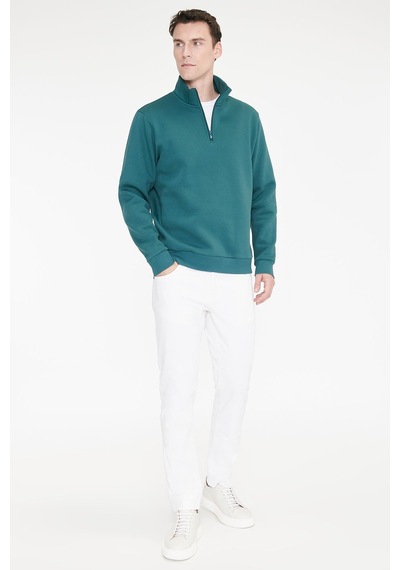 Ac&Co / Altınyıldız Classics Erkek Koyu Yesıl Standart Fit Normal Kesim İçi Polarlı Bato Yaka Pamuklu Sweatshirt