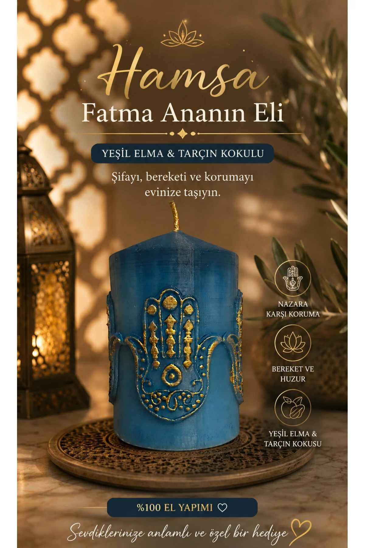 Hamsa Fatma Ananın Eli Yeşil Elma& Tarçın Kokulu Mum Nazar Koruyucu Dekoratif Hediye Mavi - Altın