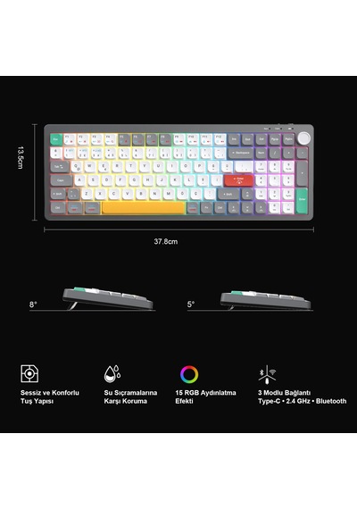 Lecoo GK100 3 Modlu Kablosuz RGB 100 Tuş Türkçe Q Membran 2000 mAh Gaming Oyuncu Klavyesi