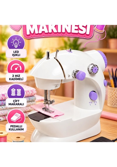 Mini Ev Tipi Dikiş Makinesi Çift Makaralı, 2 Hızlı, Pedallı Ve Işıklı
