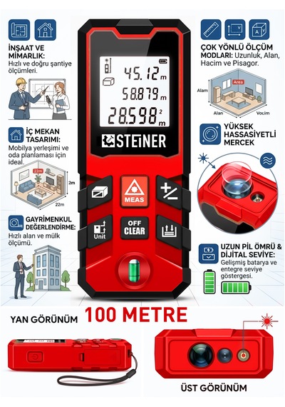Steiner 100 Metre Su Terazili Uzunluk Alan Hacim Pisagor Ölçüm Cihazı Dijital Mesafe Ölçer Lazer Metre Kırmızı