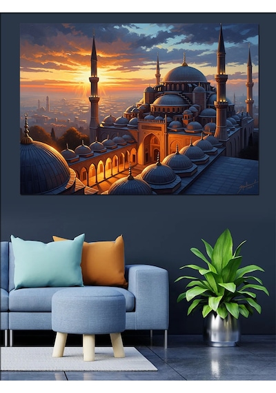 Ahşap Tablo Gece Işıklarında İstanbul Camii Manzarası
