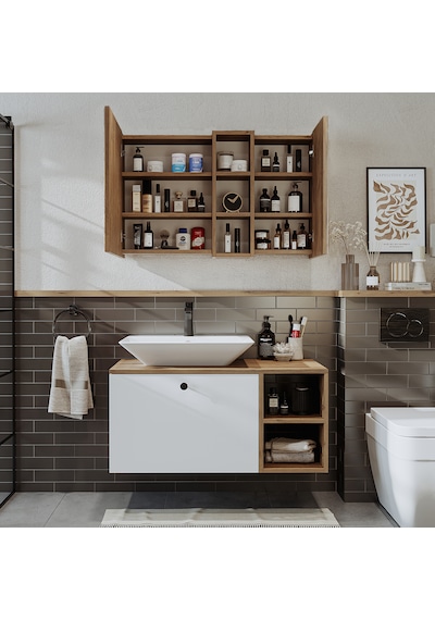 Lotus Lavabolu Mdf 95 Cm Banyo Dolabı + Aynalı Üst Dlp Atlantik Çam - Beyaz