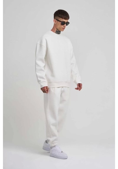 Unisex Biskilet Yaka Üç İplik Sweatshirt - Beyaz