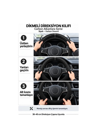 Trobus Jaguar Xf 2016-2025 Uyumlu Dikmeli Direksiyon Kılıfı Carbon Alkantara Karbon Desenli Siyah