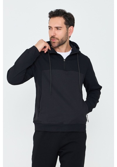 White Stone Siyah Kapüşonlu Yarım Fermuarlı Yandan Cepli Erkek Sweatshirt