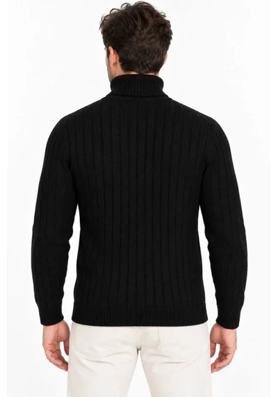 Butik İstanbul Erkek Balıkçı Yaka Tam Boğazlı Kalın Fitilli Regular Fit Triko Kazak - Siyah