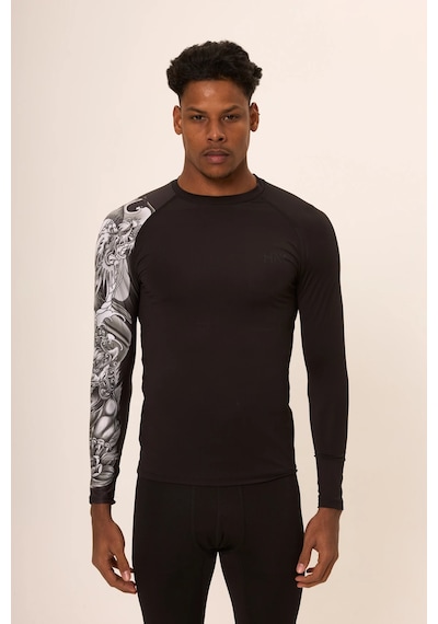Hnc Sport Dragon Erkek Uzun Kol Tek Kol Dijital Baskılı Compression Fitness Gym Spor Body Tshirt Siyah